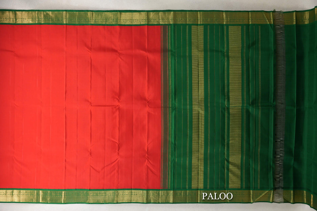 Red with Bottle Green Border Plant Based Kanjivaram Silk Saree paloo