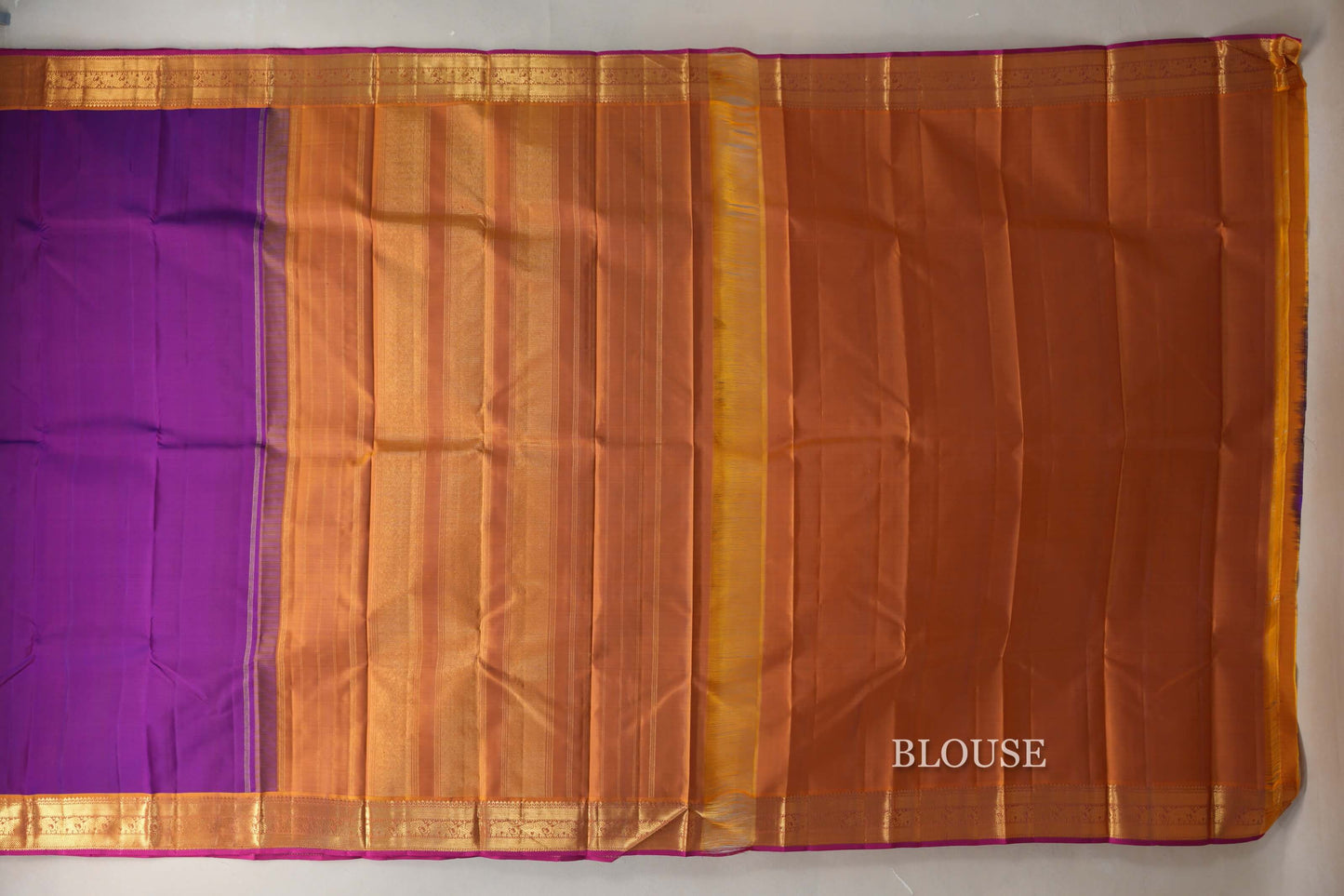 Violet Purple with Mustard Orange Borders and Rani Pink Selvedge Vintage Kanjivaram Silk Saree by Shreenivas Silks PSSR018857