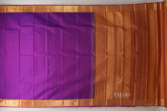 Violet Purple with Mustard Orange Borders and Rani Pink Selvedge Vintage Kanjivaram Silk Saree by Shreenivas Silks PSSR018857
