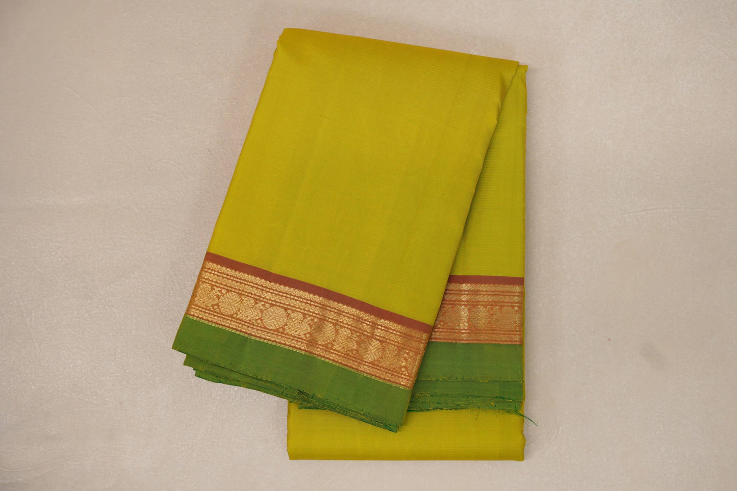 Lemon Green with Dual Tone Red and Mustard Borders and Leaf Green Selvedge Vintage Kanjivaram Silk Saree by Shreenivas Silks PSSR018858