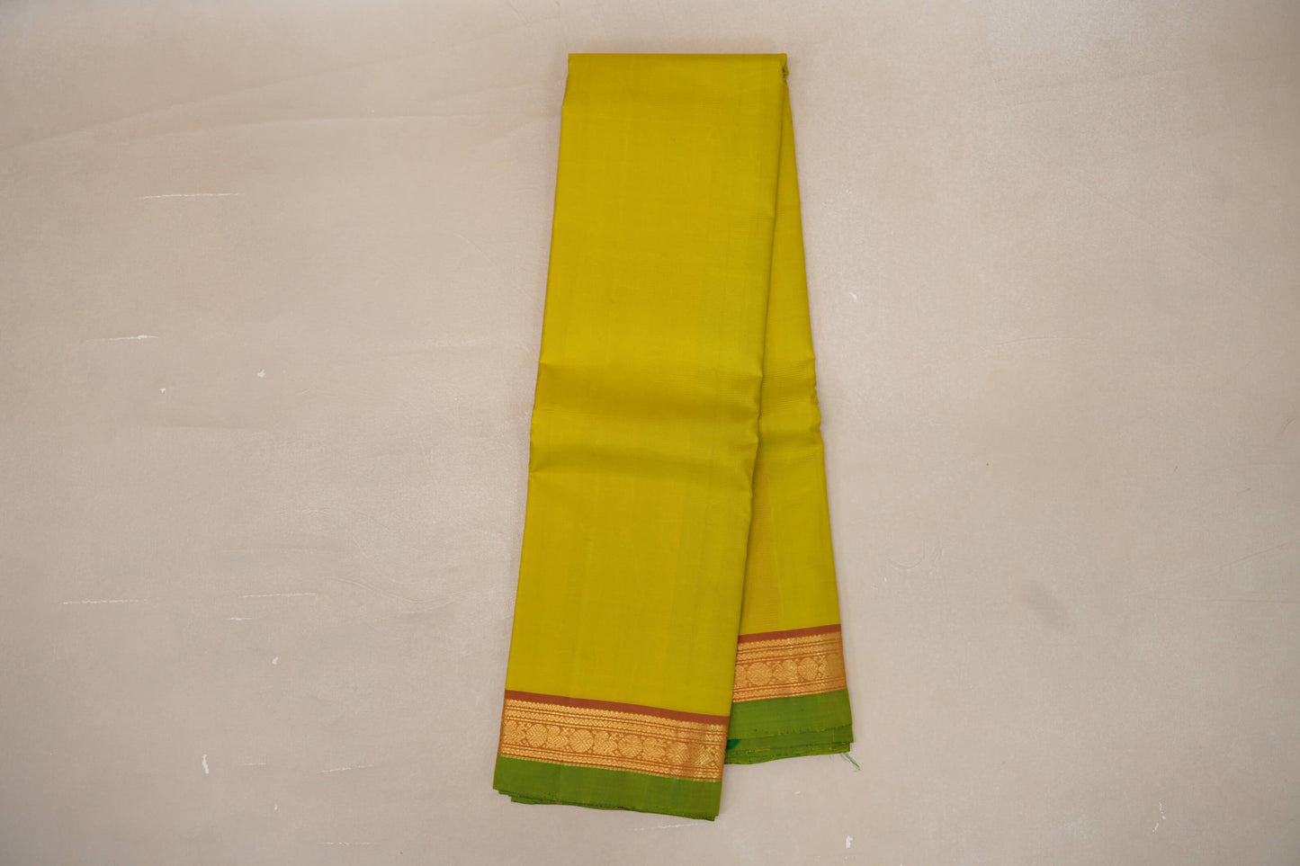 Lemon Green with Dual Tone Red and Mustard Borders and Leaf Green Selvedge Vintage Kanjivaram Silk Saree by Shreenivas Silks PSSR018858