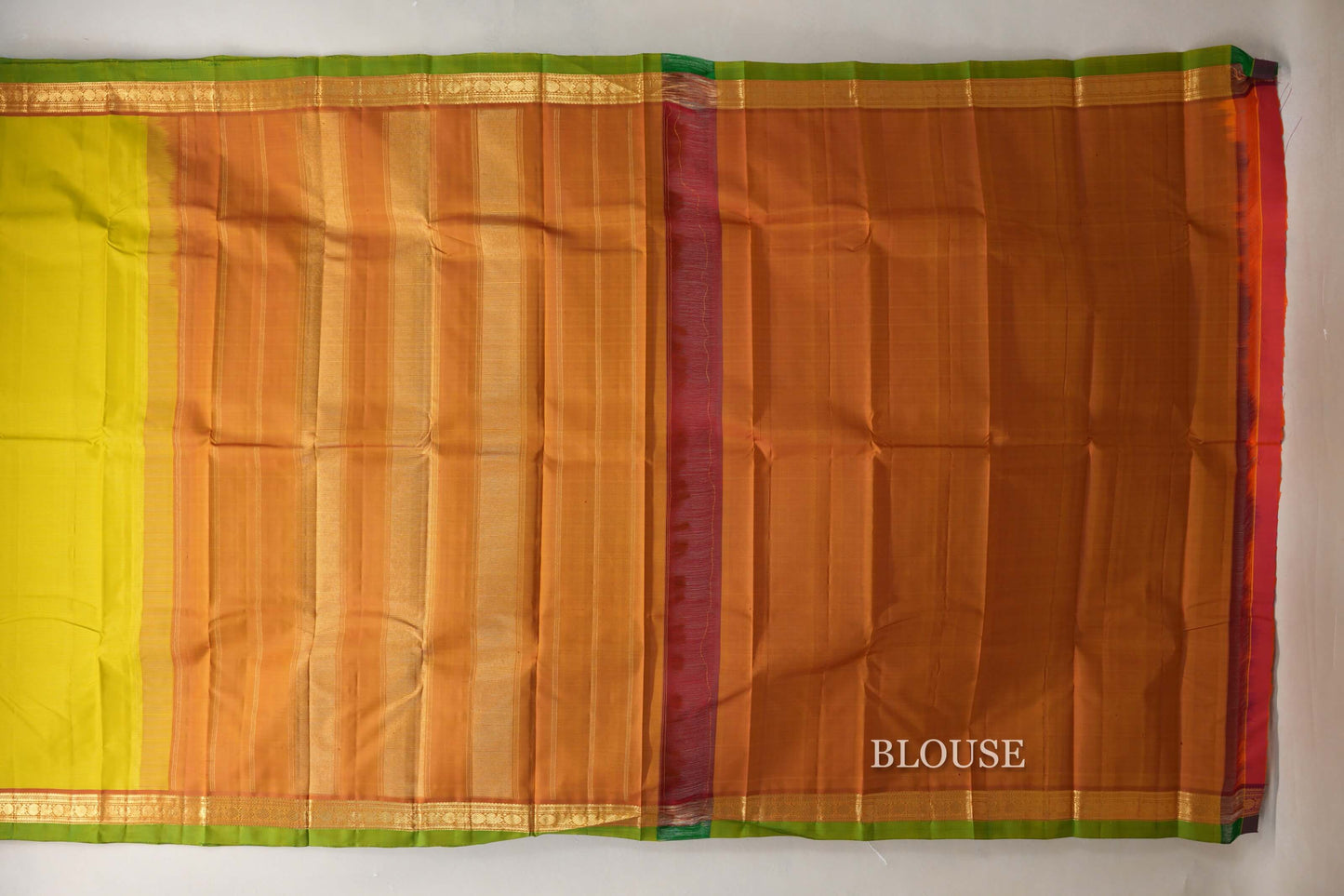 Lemon Green with Dual Tone Red and Mustard Borders and Leaf Green Selvedge Vintage Kanjivaram Silk Saree by Shreenivas Silks PSSR018858