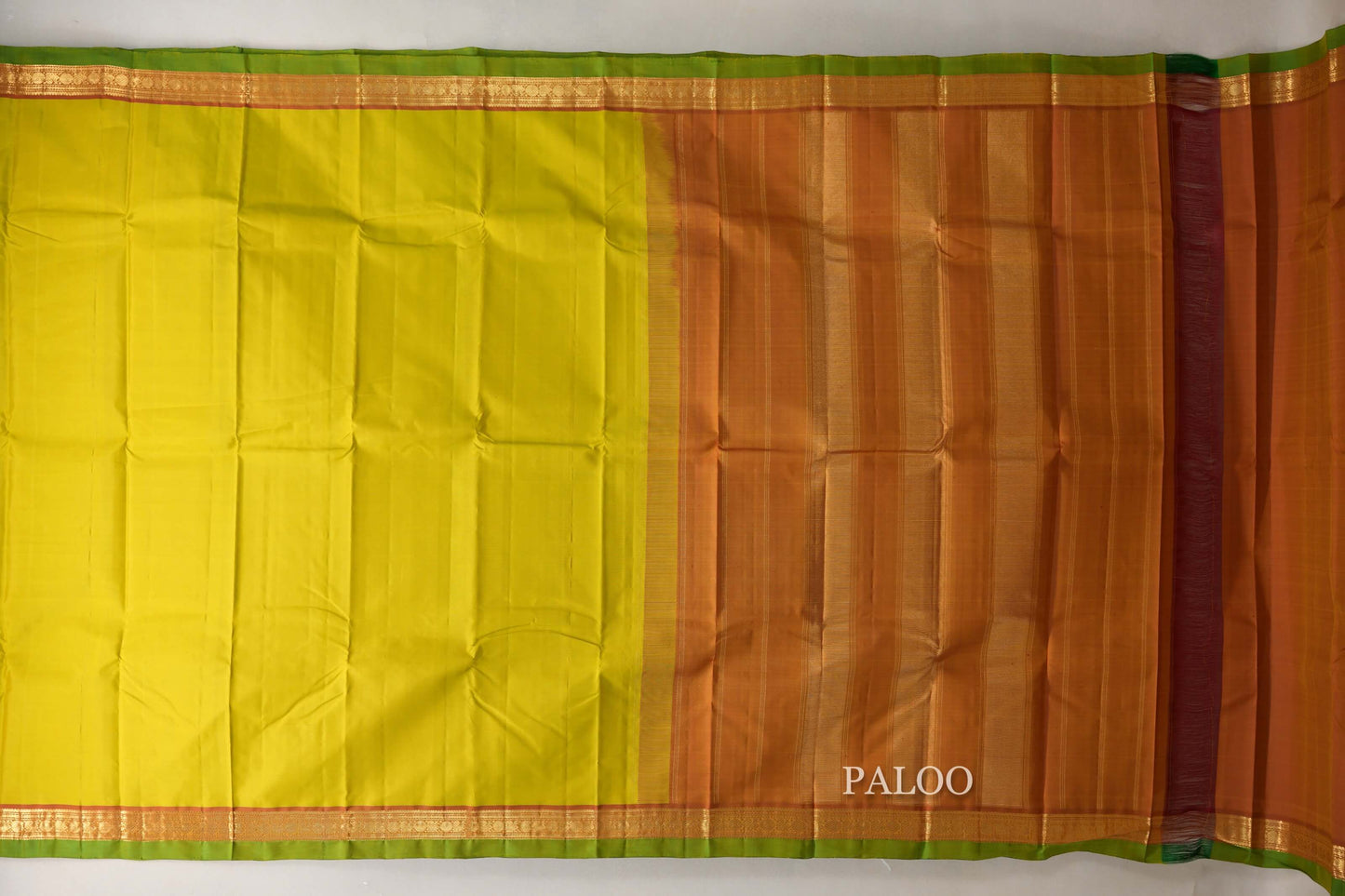 Lemon Green with Dual Tone Red and Mustard Borders and Leaf Green Selvedge Vintage Kanjivaram Silk Saree by Shreenivas Silks PSSR018858