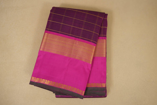 Dark magenta Vintage checks Kanjivaram Silk Saree by Shreenivas Silks PSSR018012 - Parisera