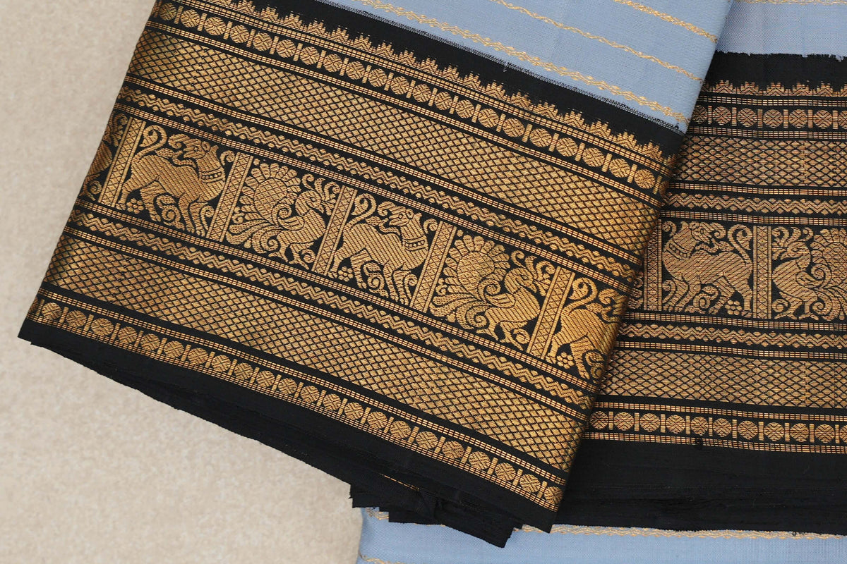  Grey Blue Vintage Kanjivaram Silk Saree border zoom