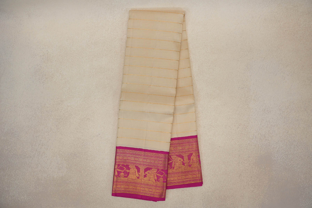 Beige with Pink Borders Beldhary Vintage Kanjivaram Silk Saree by Shreenivas Silks PSSR0110163