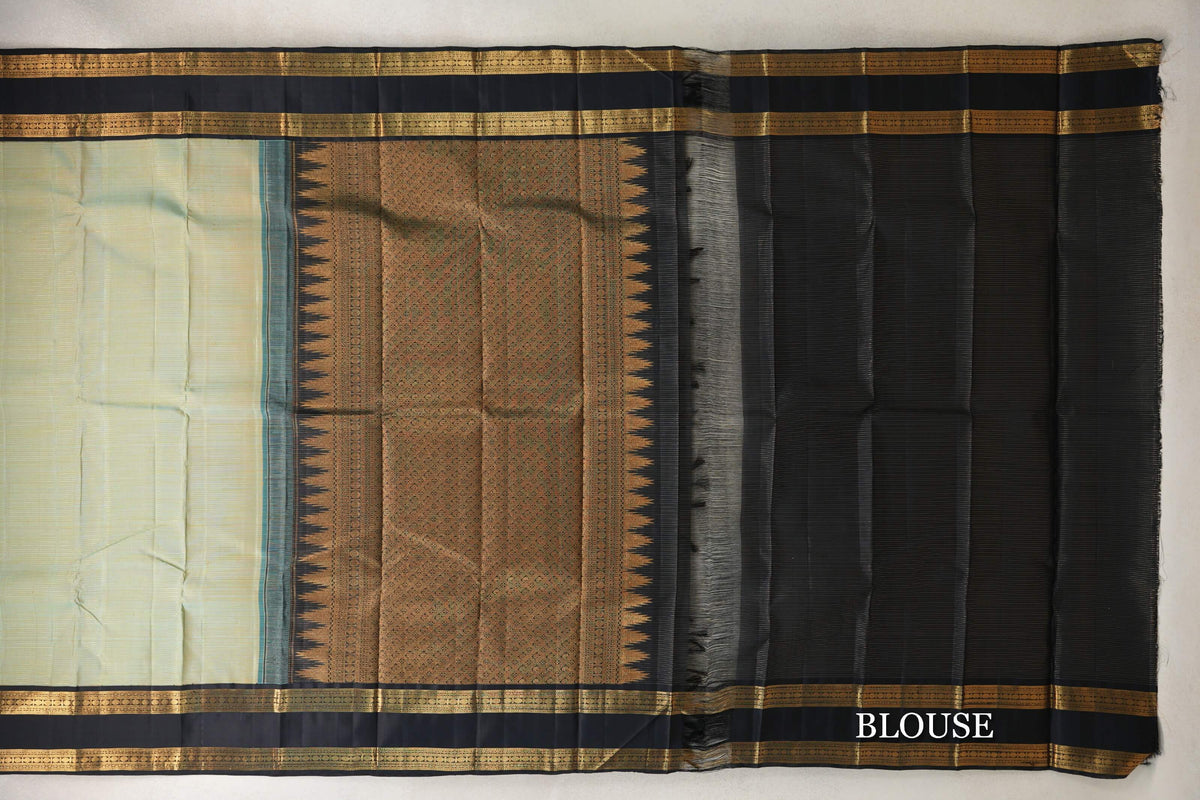 Dual Tone of Mild Pastel Blue and Yellow with Black Rettai Pettu Borders Vaira Oosi Vintage Kanjivaram Silk Saree by Shreenivas Silks PSSR0110168