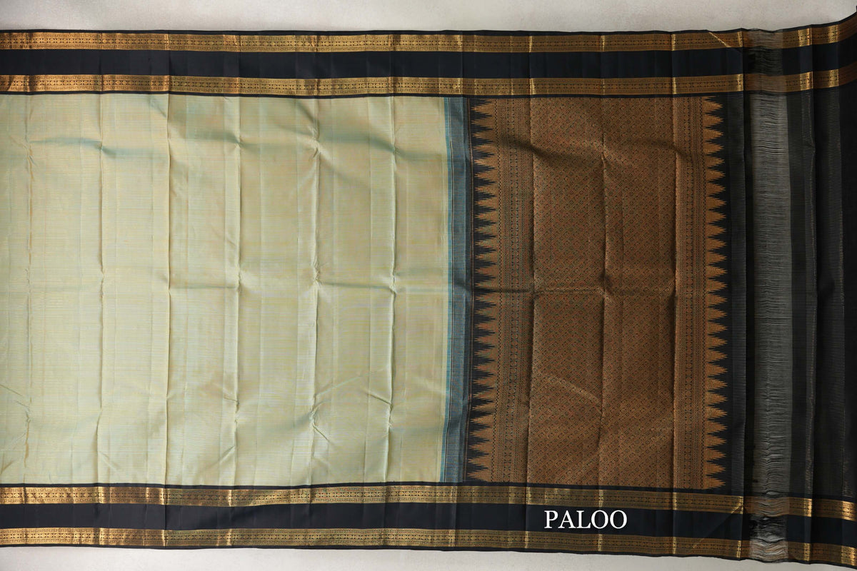 Dual Tone of Mild Pastel Blue and Yellow with Black Rettai Pettu Borders Vaira Oosi Vintage Kanjivaram Silk Saree by Shreenivas Silks PSSR0110168