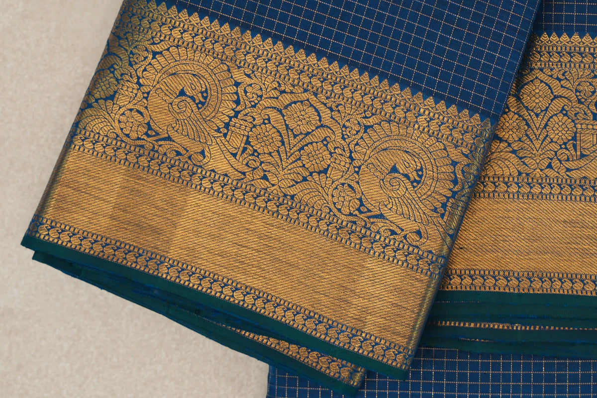 Peacock Blue Vintage Kanjivaram Silk Saree border zoom