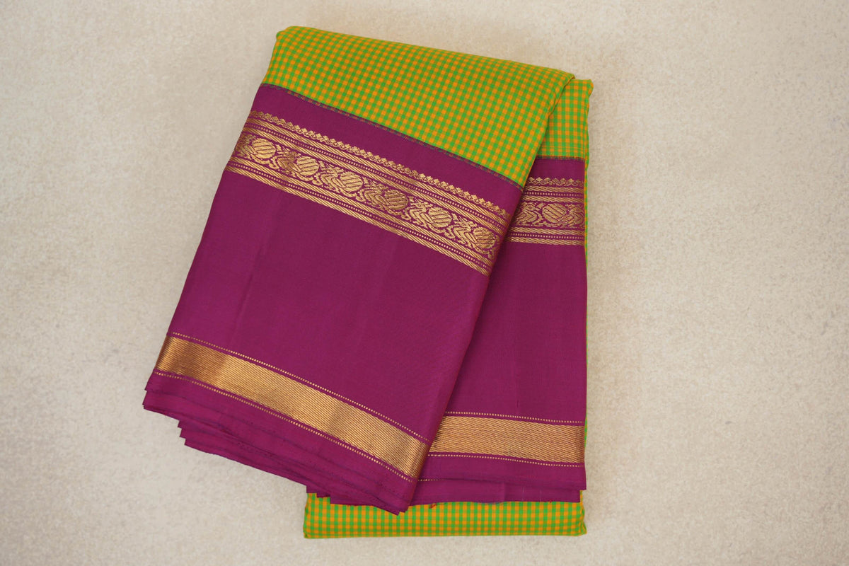folded Green and Yellow Checks Vintage Kanjivaram Silk Saree