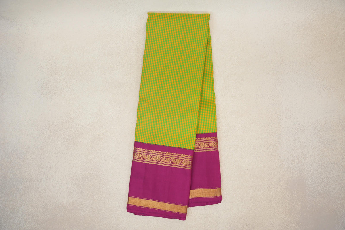 Green and Yellow Checks Vintage Kanjivaram Silk Saree online
