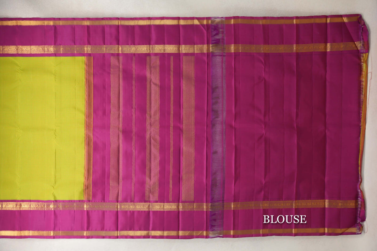 Green and Yellow Checks Vintage Kanjivaram Silk Saree blouse