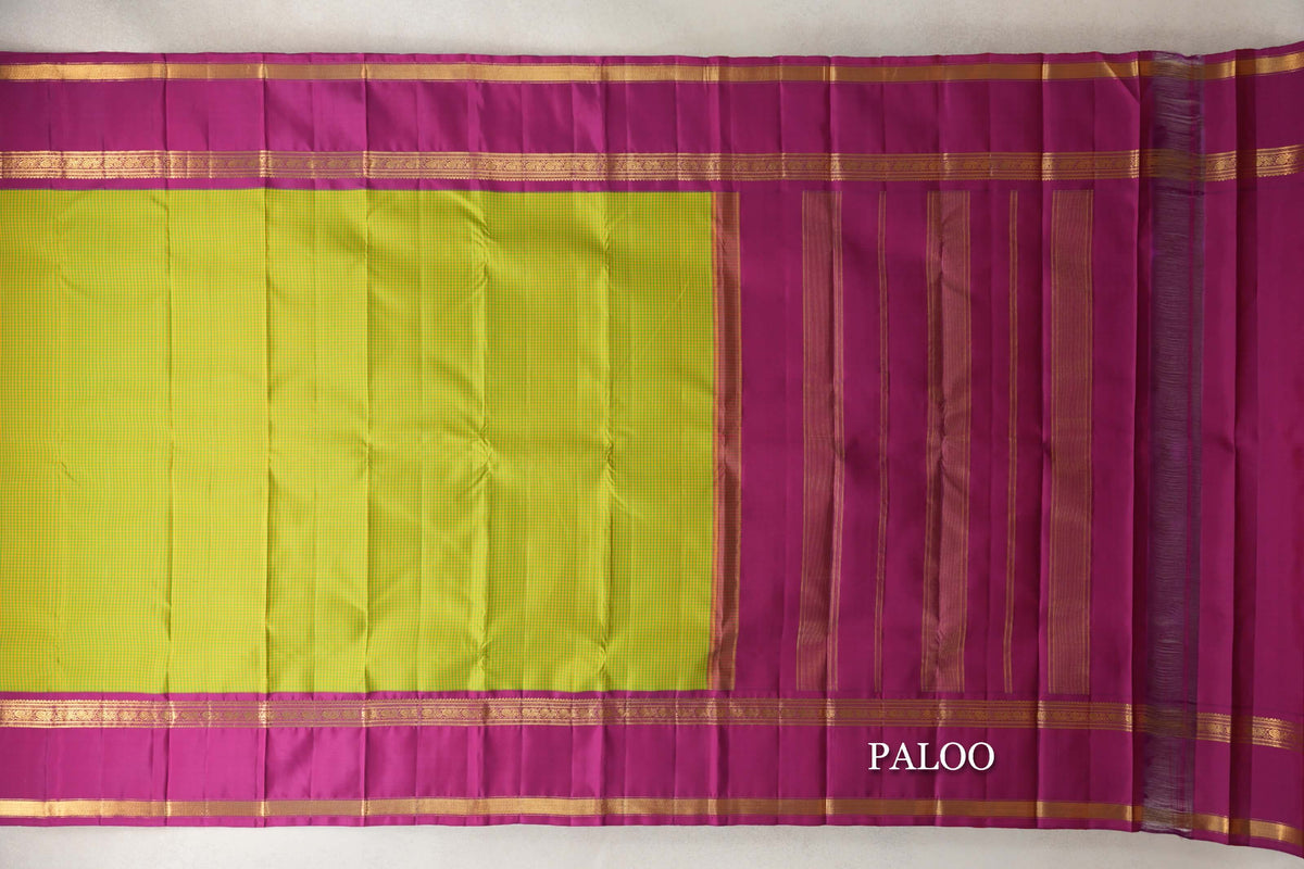 Green and Yellow Checks Vintage Kanjivaram Silk Saree paloo
