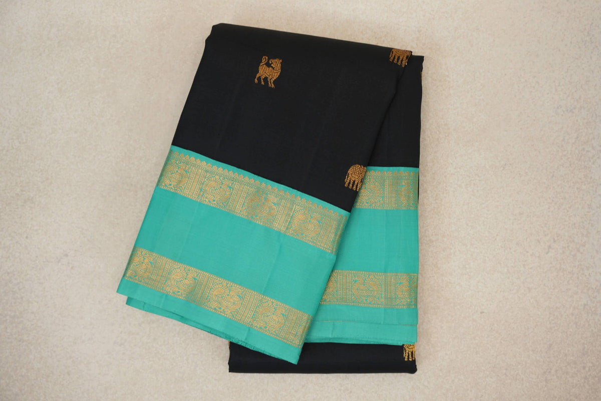 folded Black Vintage Kanjivaram Silk Saree 