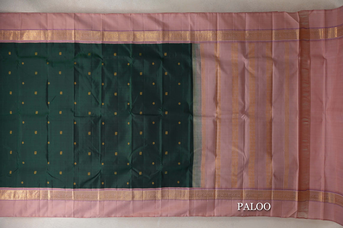 Bottle Green Vintage Kanjivaram Silk Saree paloo
