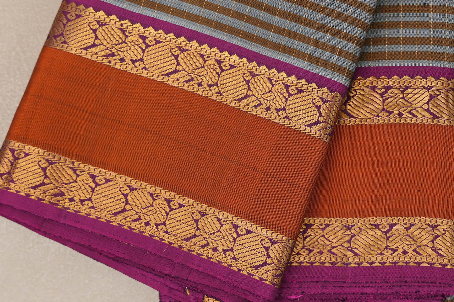 Silver Grey with Warm Olive Stripes Vintage Kanjivaram Silk Saree by Shreenivas Silks PSSR019053