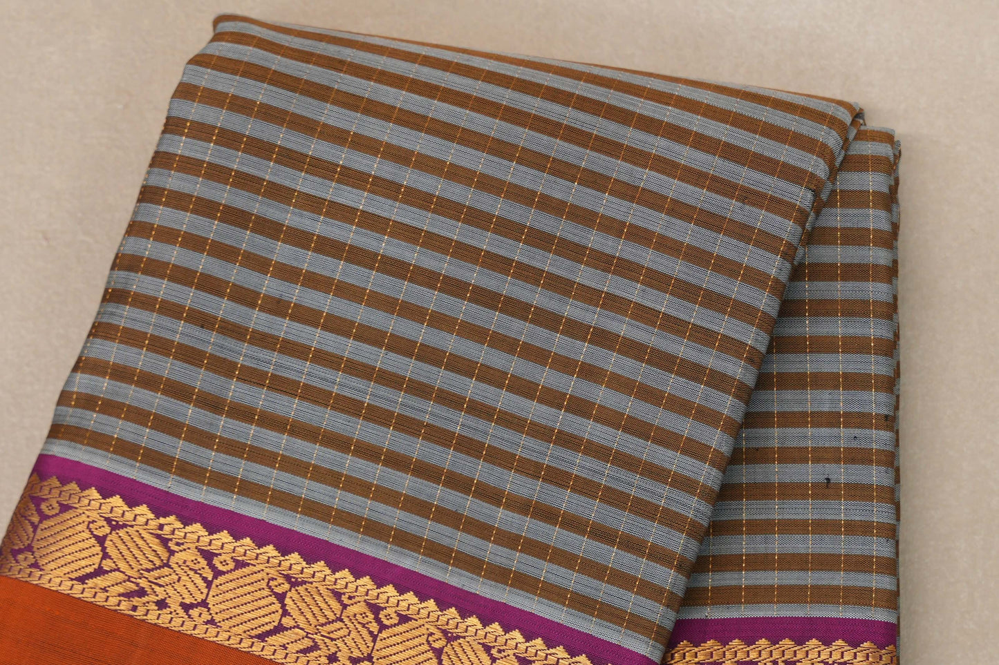 Silver Grey with Warm Olive Stripes Vintage Kanjivaram Silk Saree by Shreenivas Silks PSSR019053