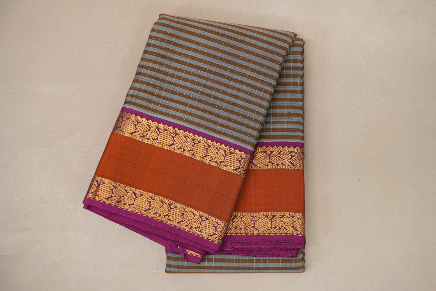 Silver Grey with Warm Olive Stripes Vintage Kanjivaram Silk Saree by Shreenivas Silks PSSR019053
