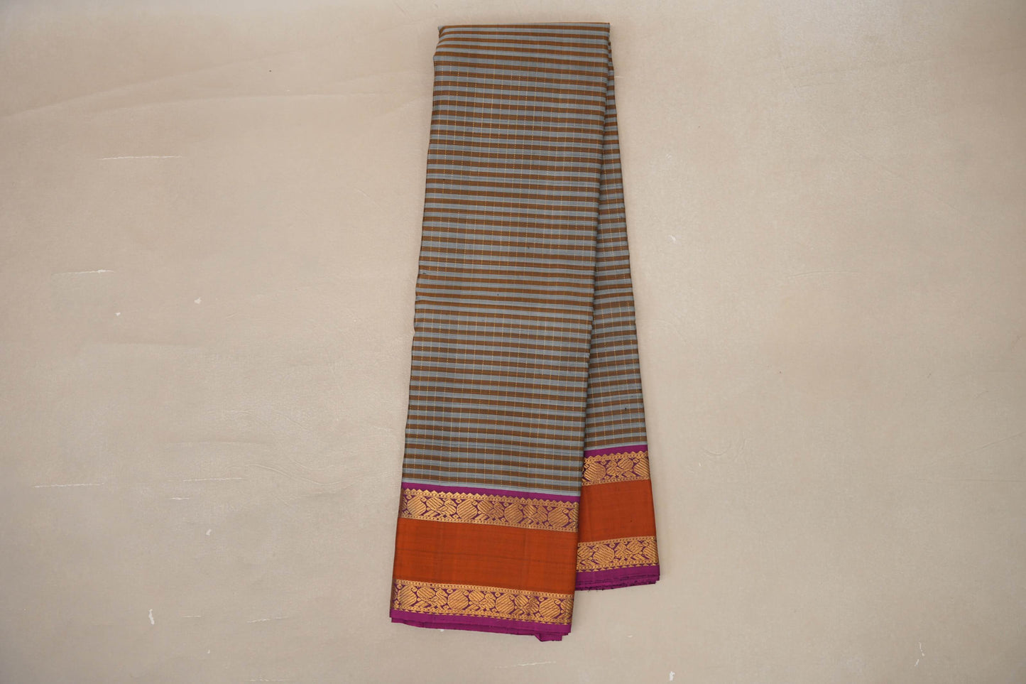 Silver Grey with Warm Olive Stripes Vintage Kanjivaram Silk Saree by Shreenivas Silks PSSR019053