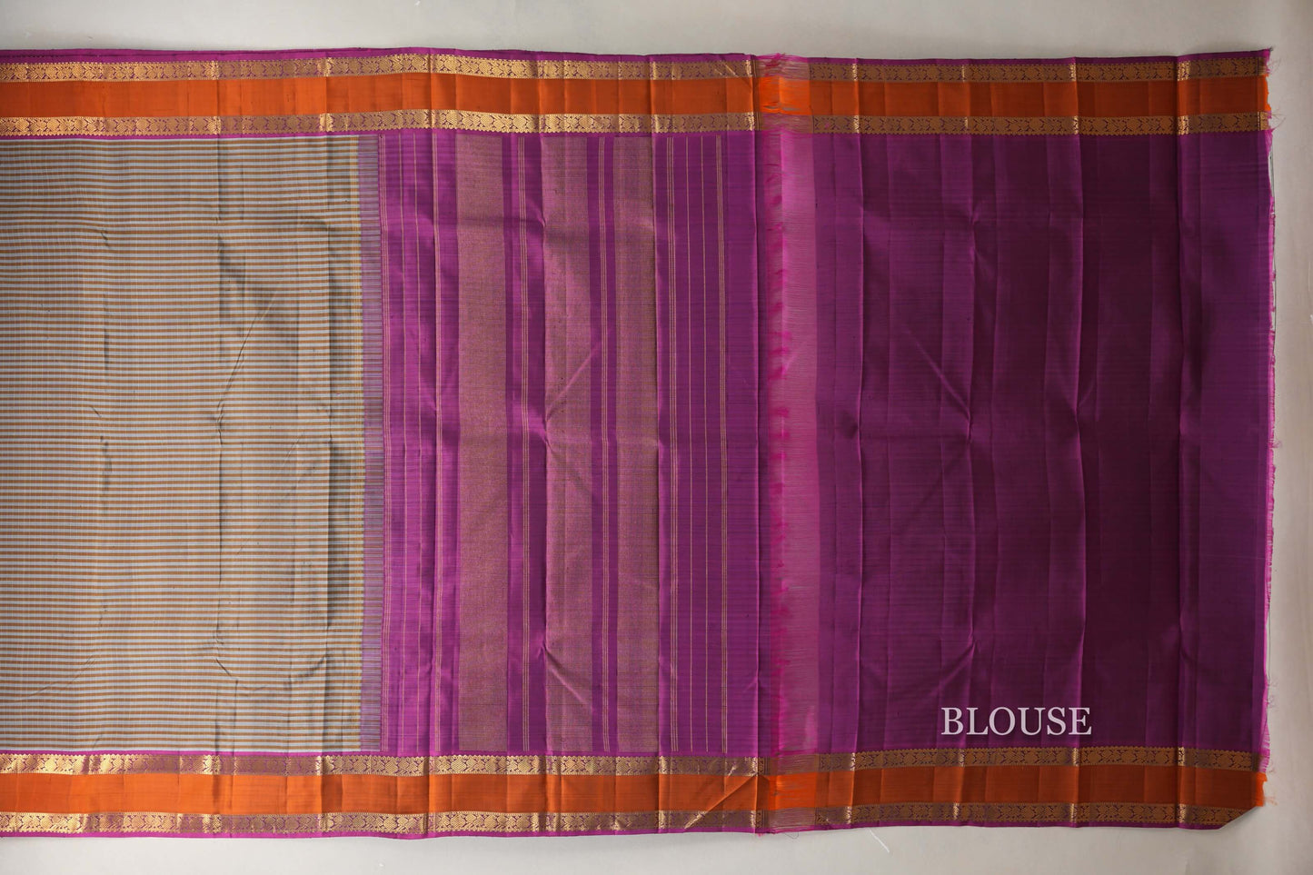 Silver Grey with Warm Olive Stripes Vintage Kanjivaram Silk Saree by Shreenivas Silks PSSR019053
