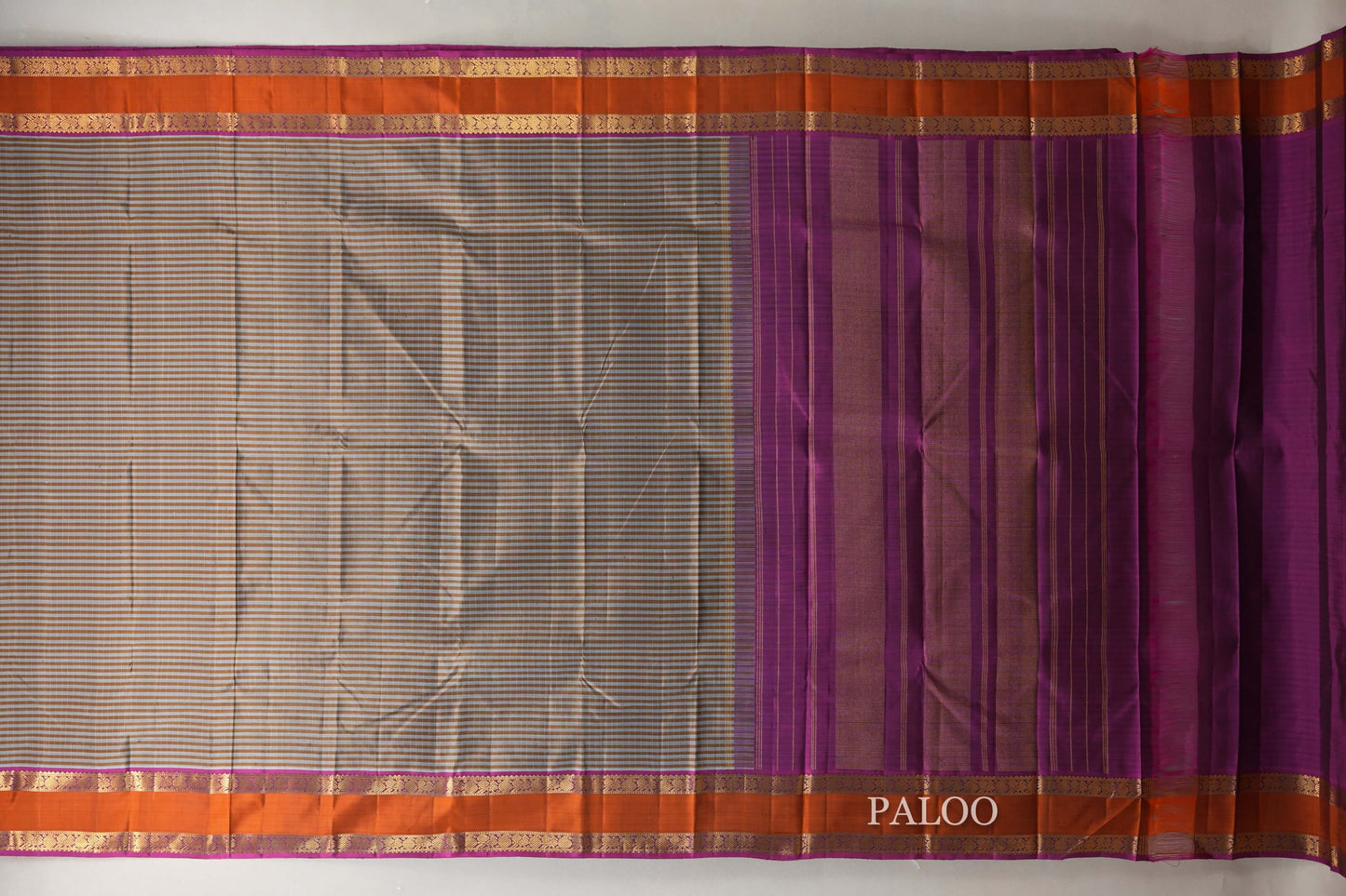 Silver Grey with Warm Olive Stripes Vintage Kanjivaram Silk Saree by Shreenivas Silks PSSR019053