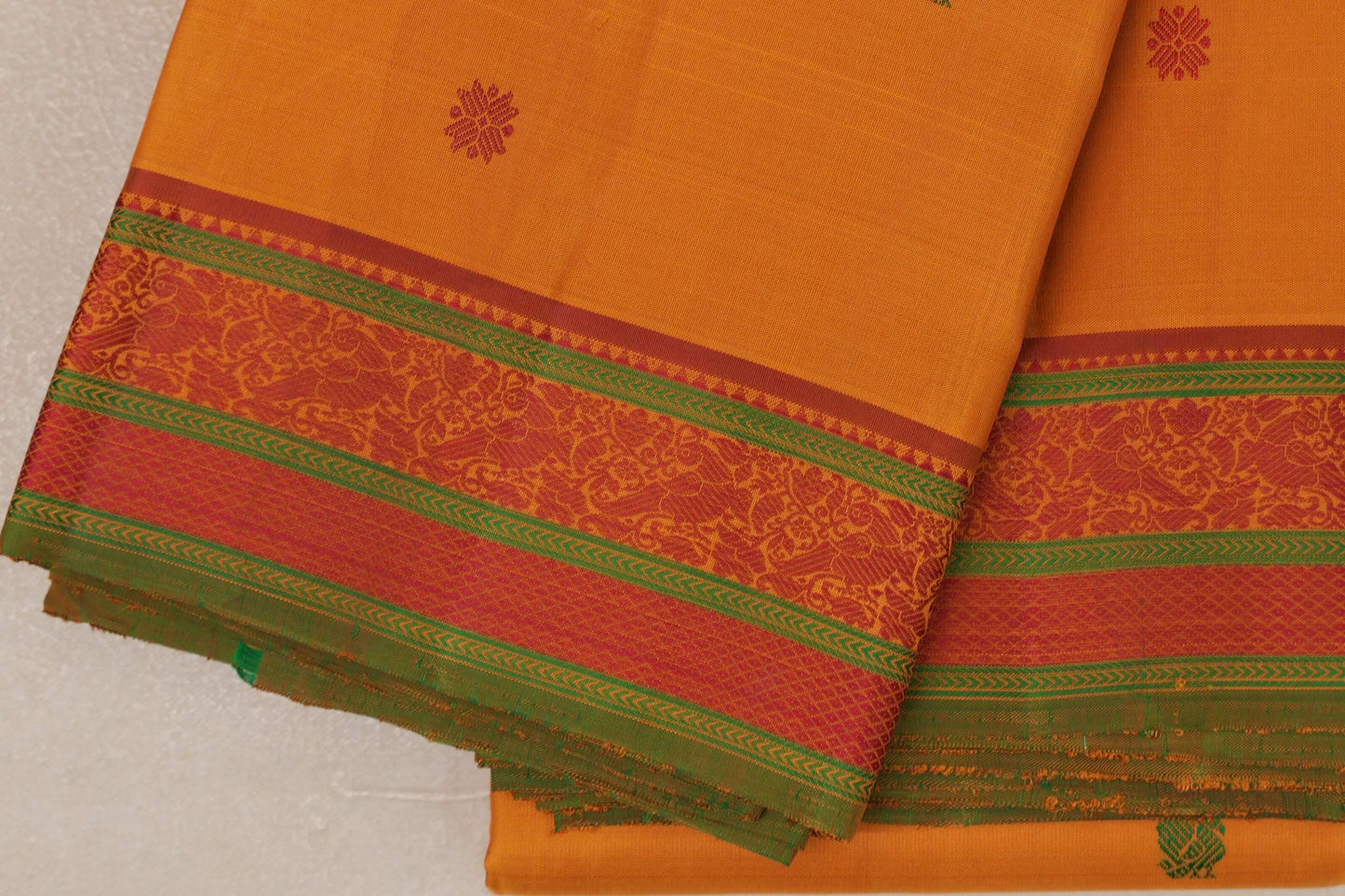 Mango yellow with Pink with parrot green Vintage Kanjivaram Silk Saree by Shreenivas Silks PSSR019054
