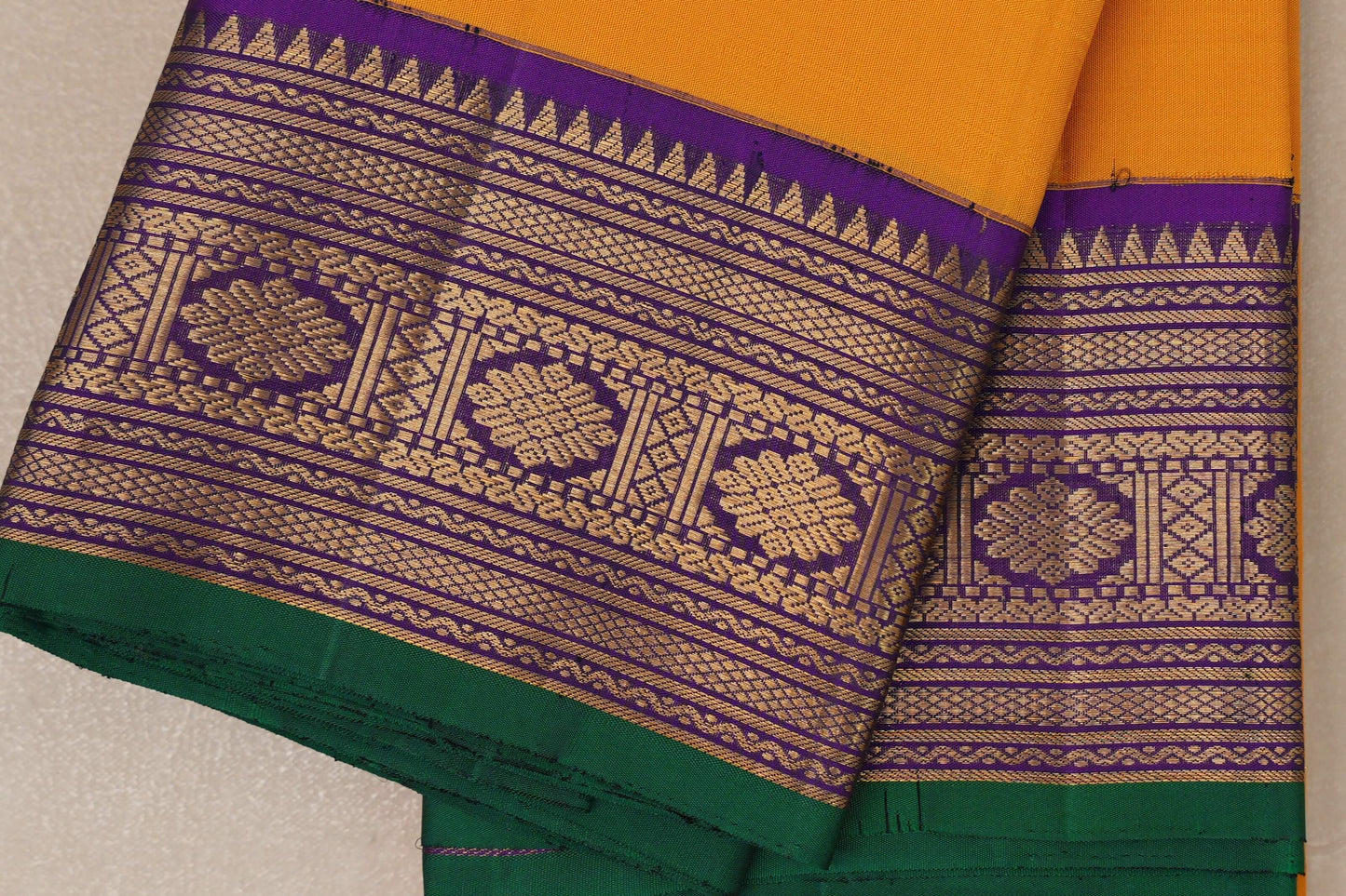 Mango yellow with Royal Purple Leaf Green Selvedge Vintage Kanjivaram Silk Saree by Shreenivas Silks PSSR019056