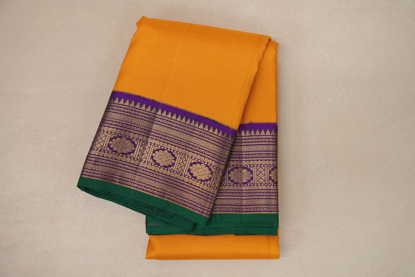 Mango yellow with Royal Purple Leaf Green Selvedge Vintage Kanjivaram Silk Saree by Shreenivas Silks PSSR019056