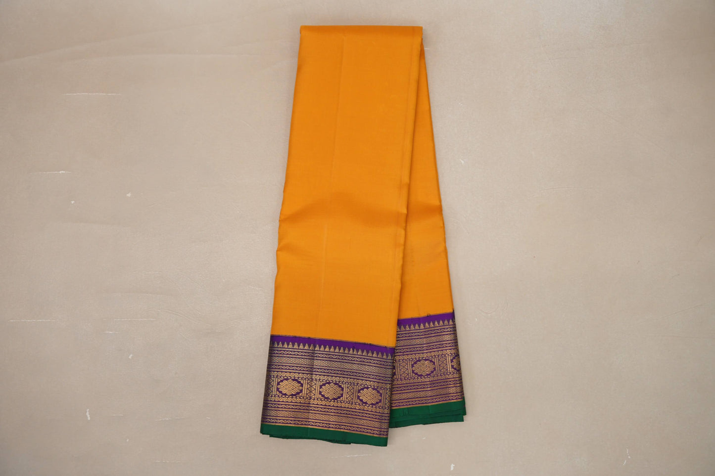 Mango yellow with Royal Purple Leaf Green Selvedge Vintage Kanjivaram Silk Saree by Shreenivas Silks PSSR019056