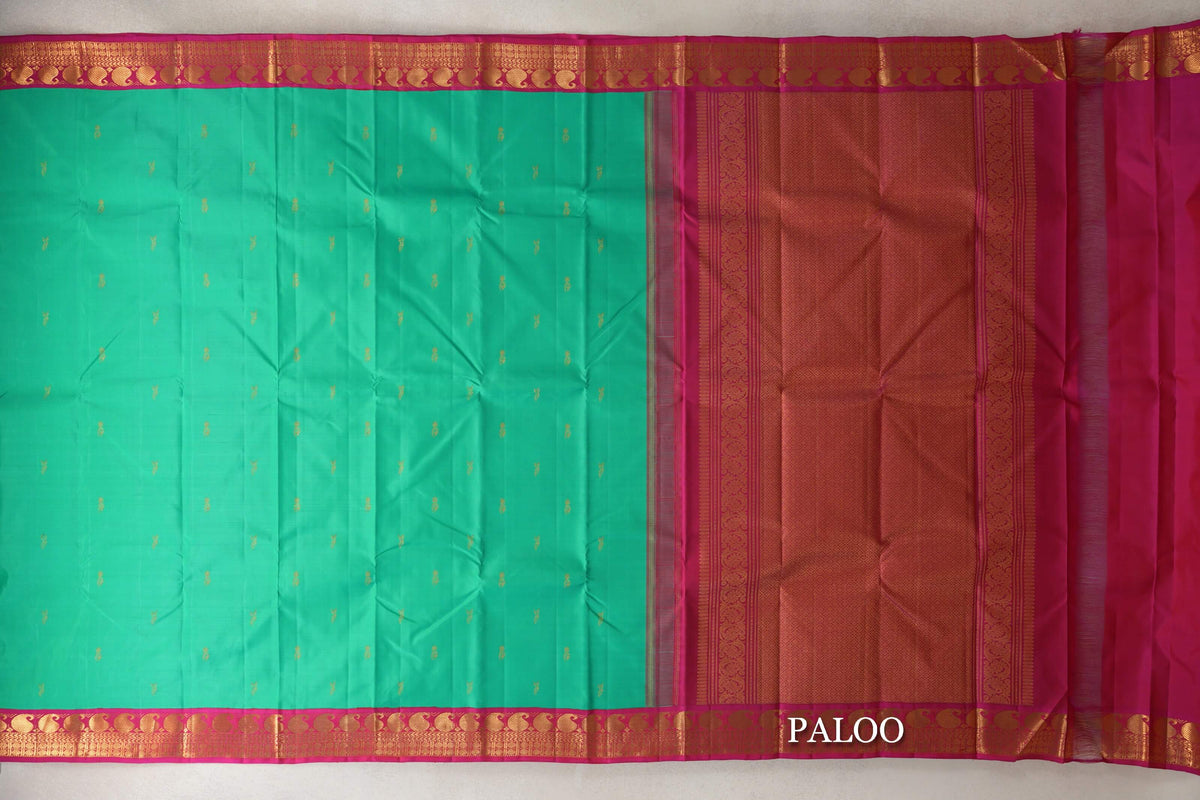Teal Green Vintage Kanjivaram Silk Saree paloo