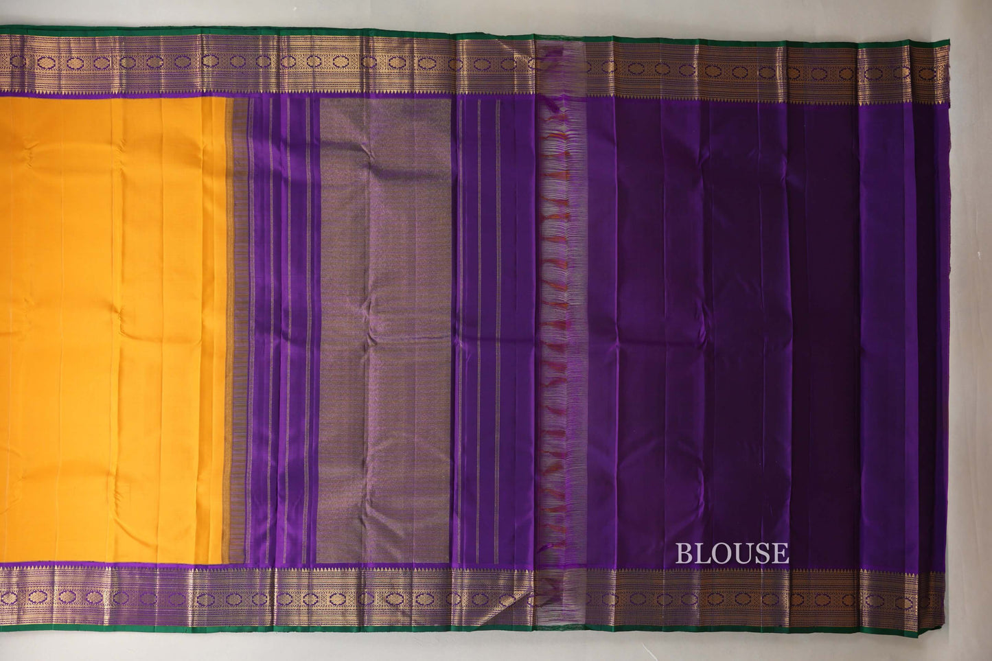 Mango yellow with Royal Purple Leaf Green Selvedge Vintage Kanjivaram Silk Saree by Shreenivas Silks PSSR019056