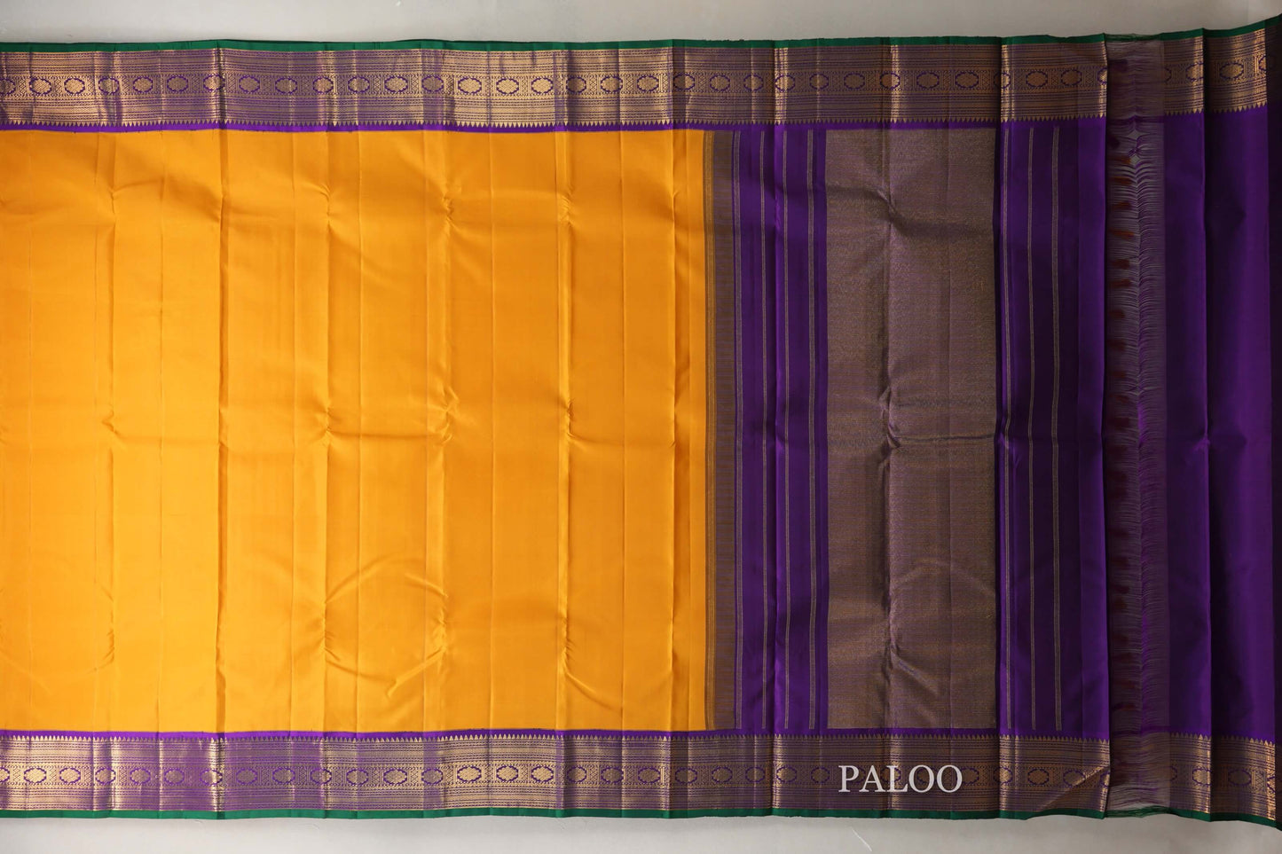 Mango yellow with Royal Purple Leaf Green Selvedge Vintage Kanjivaram Silk Saree by Shreenivas Silks PSSR019056