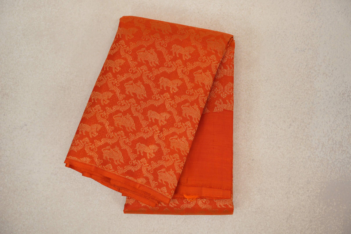 Deep Orange Vintage Heirloom Kanjivaram Silk Saree folded 