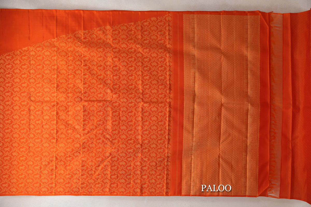 Deep Orange Vintage Heirloom Kanjivaram Silk Saree paloo