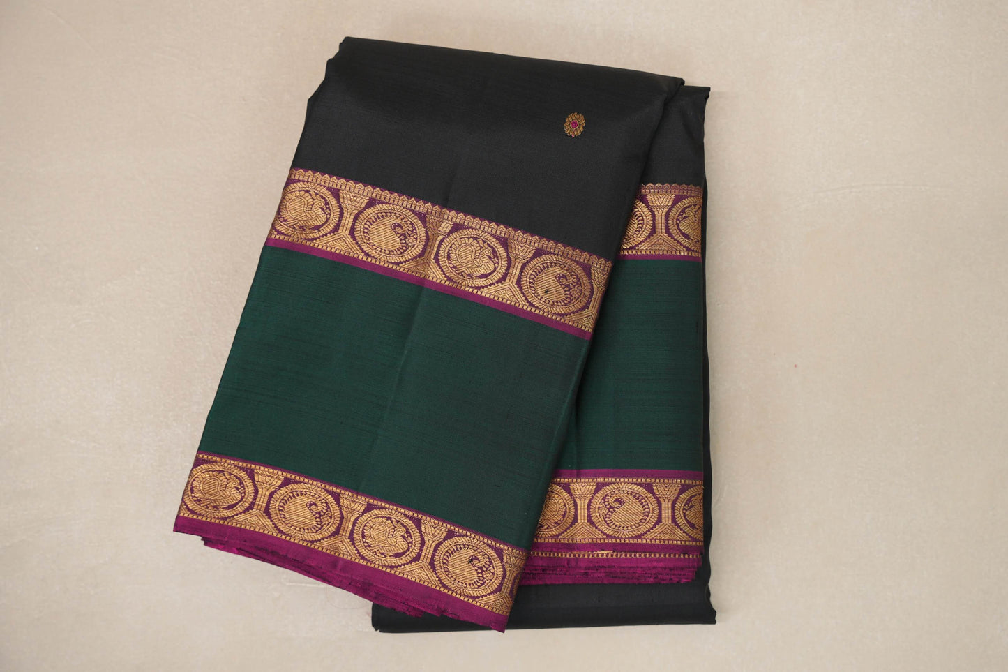 Black with Deep Bottle Green with Magenta Vintage Kanjivaram Silk Saree by Shreenivas Silks PSSR019059