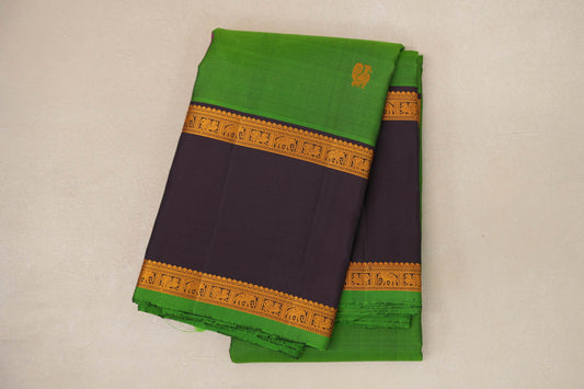 Bright leaf green with Deep Plum borders Vintage Kanjivaram Silk Saree by Shreenivas Silks PSSR019060
