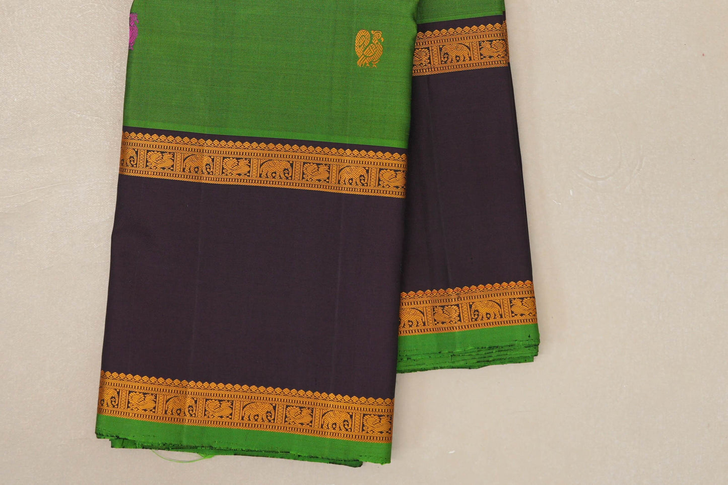 Bright leaf green with Deep Plum borders Vintage Kanjivaram Silk Saree by Shreenivas Silks PSSR019060