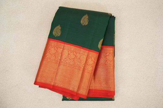 Dark Bottle Green with Bright Red Borders Vintage Kanjivaram Silk Saree by Shreenivas Silks PSSR0110186