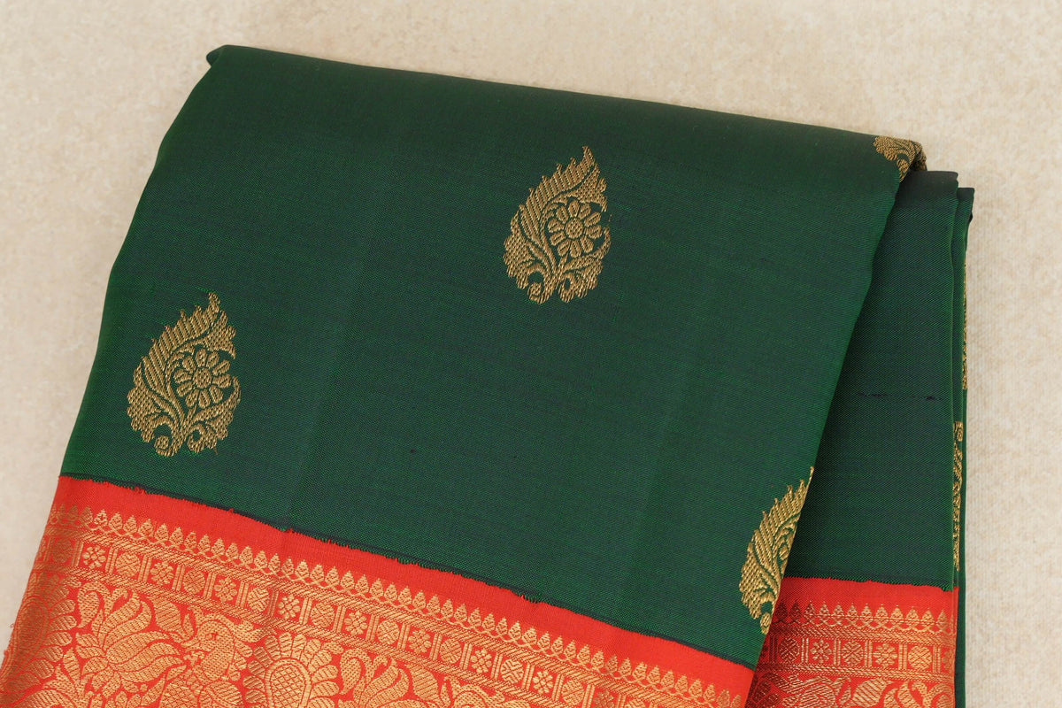 Dark Bottle Green with Bright Red Borders Vintage Kanjivaram Silk Saree by Shreenivas Silks PSSR0110186