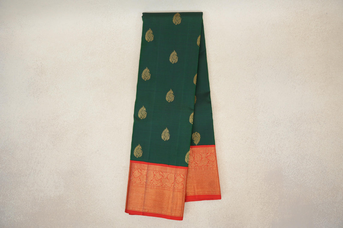 Dark Bottle Green with Bright Red Borders Vintage Kanjivaram Silk Saree by Shreenivas Silks PSSR0110186