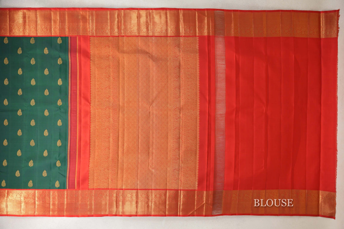 Dark Bottle Green with Bright Red Borders Vintage Kanjivaram Silk Saree by Shreenivas Silks PSSR0110186