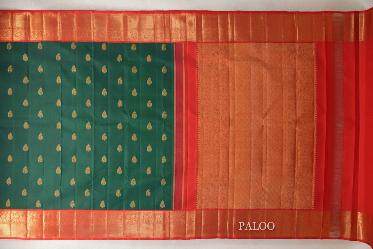 Dark Bottle Green with Bright Red Borders Vintage Kanjivaram Silk Saree by Shreenivas Silks PSSR0110186