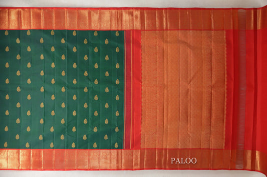 Dark Bottle Green with Bright Red Borders Vintage Kanjivaram Silk Saree by Shreenivas Silks PSSR0110186