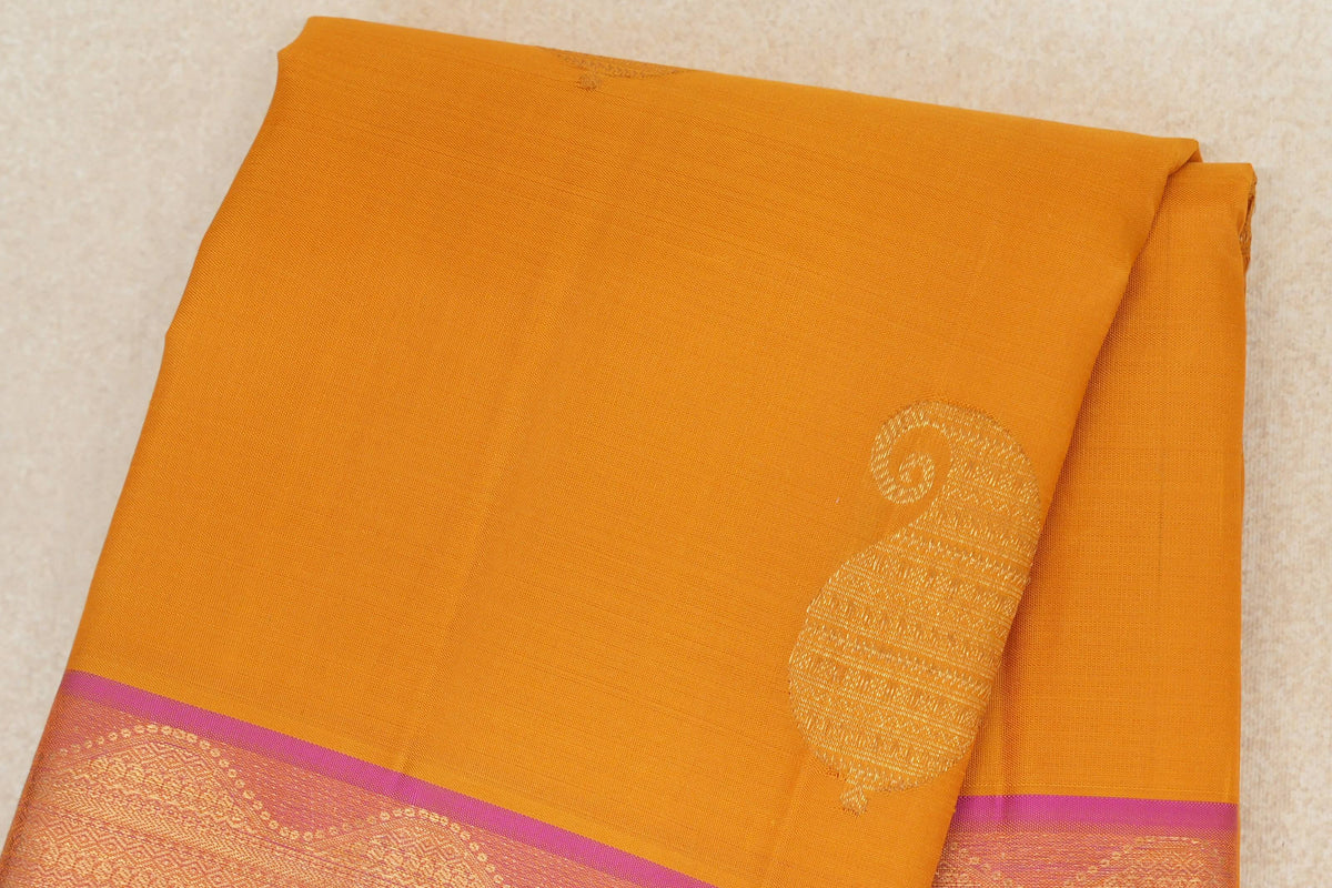 Mango Yellow with Dual Tone of Pink and Yellow Borders Vintage Kanjivaram Silk Saree by Shreenivas Silks PSSR0110187