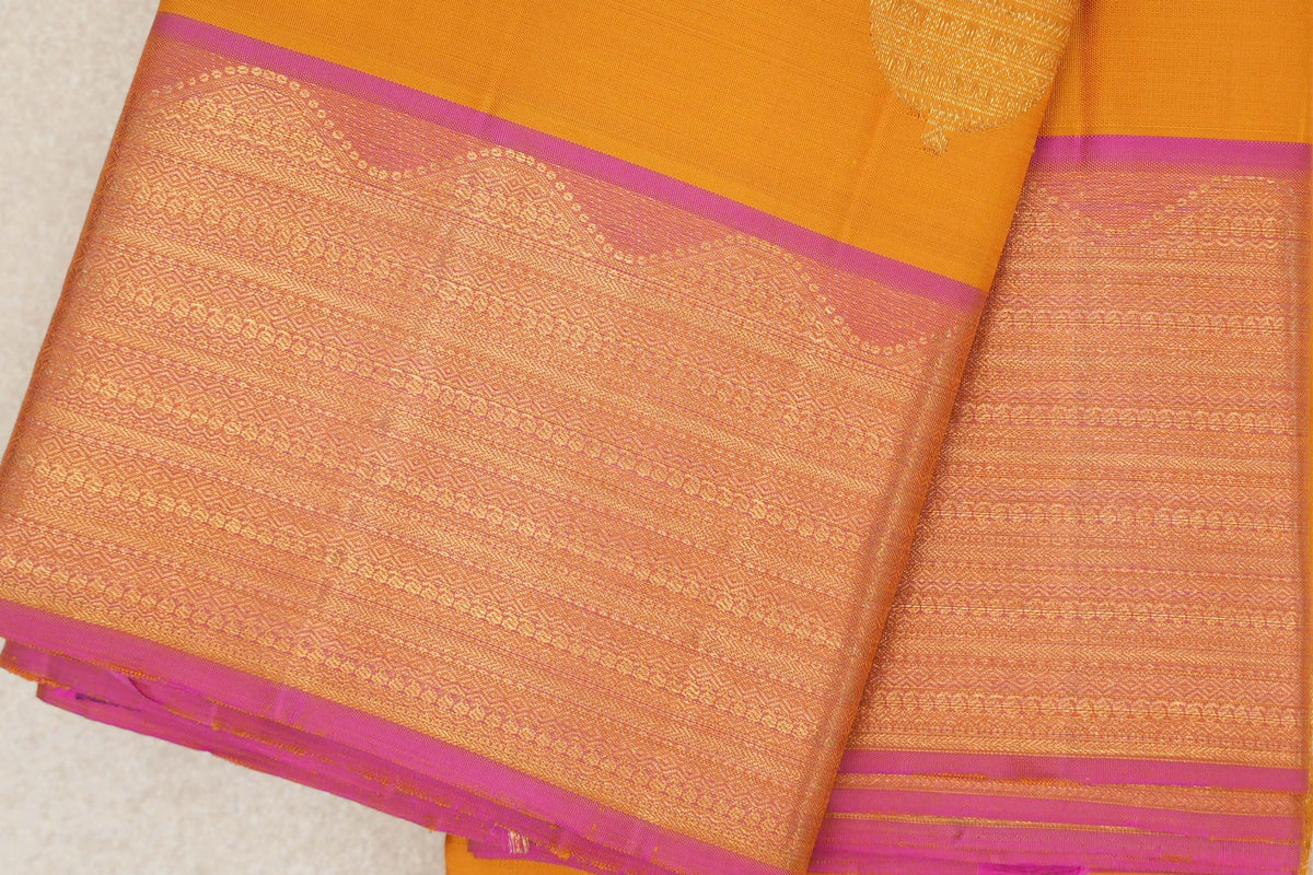Mango Yellow with Dual Tone of Pink and Yellow Borders Vintage Kanjivaram Silk Saree by Shreenivas Silks PSSR0110187