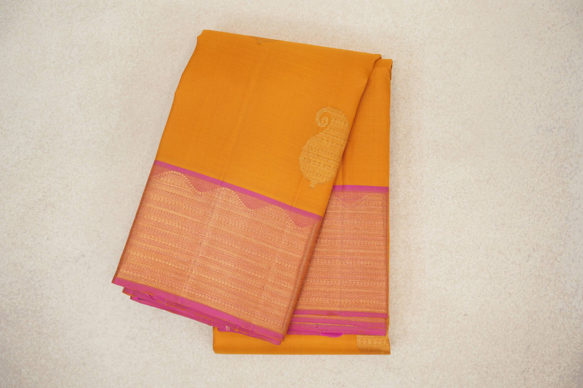 Mango Yellow with Dual Tone of Pink and Yellow Borders Vintage Kanjivaram Silk Saree by Shreenivas Silks PSSR0110187