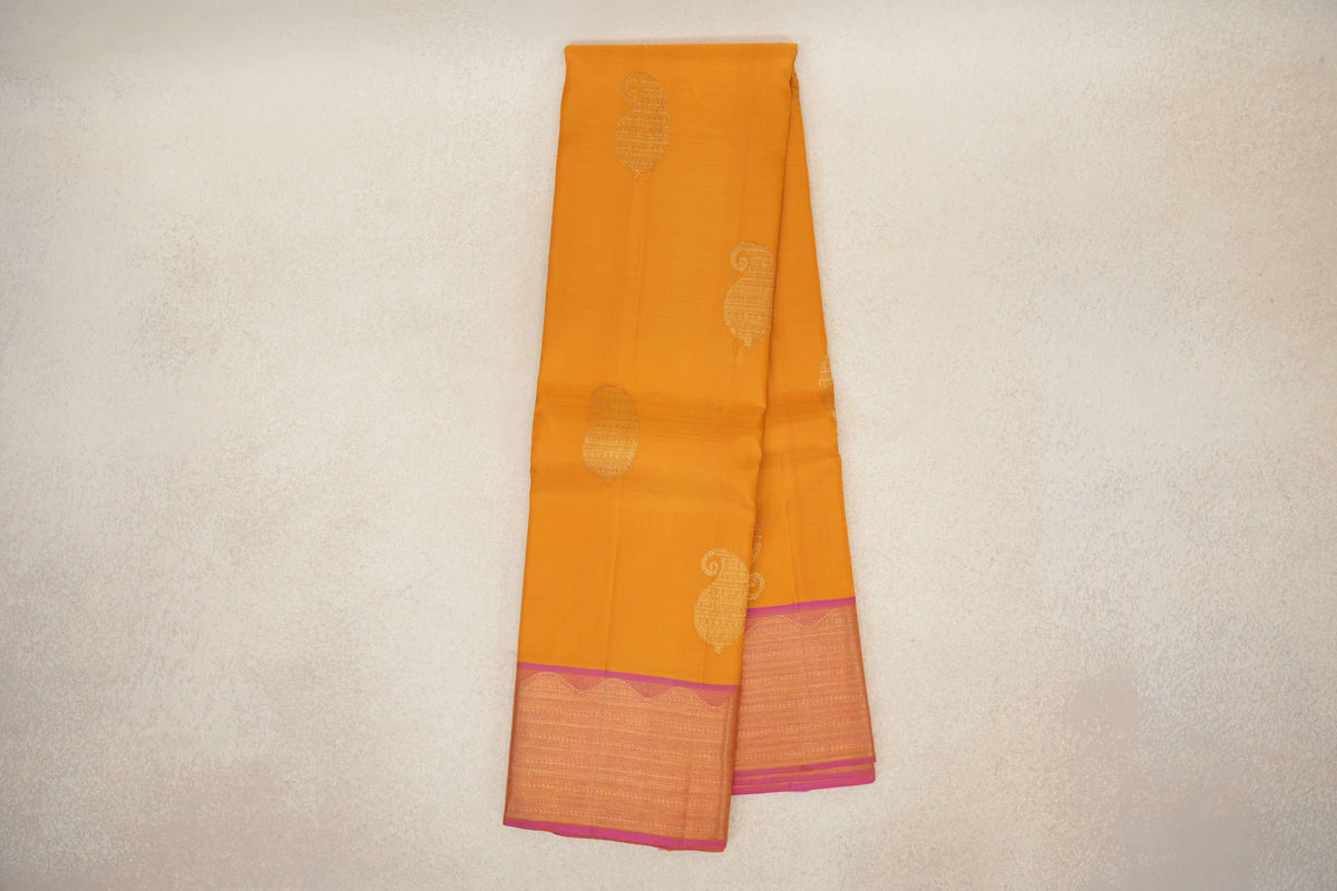 Mango Yellow with Dual Tone of Pink and Yellow Borders Vintage Kanjivaram Silk Saree by Shreenivas Silks PSSR0110187