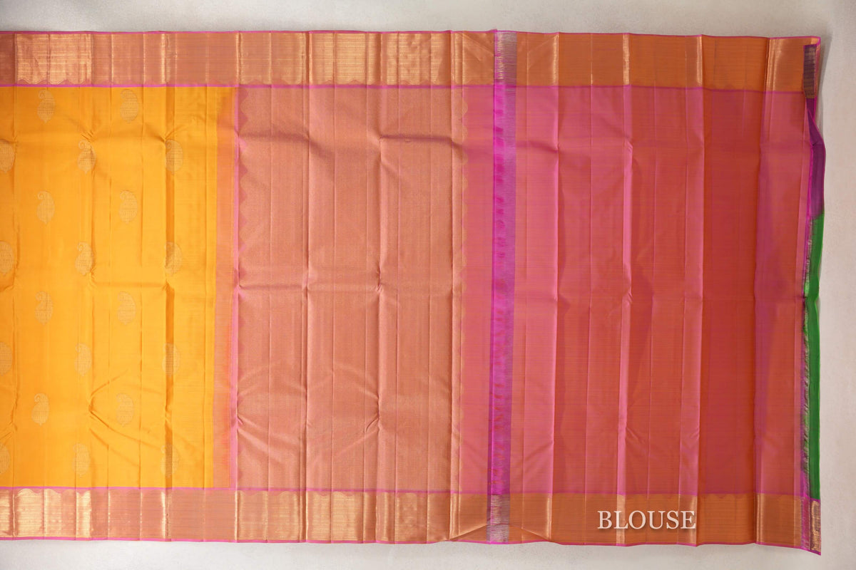 Mango Yellow with Dual Tone of Pink and Yellow Borders Vintage Kanjivaram Silk Saree by Shreenivas Silks PSSR0110187