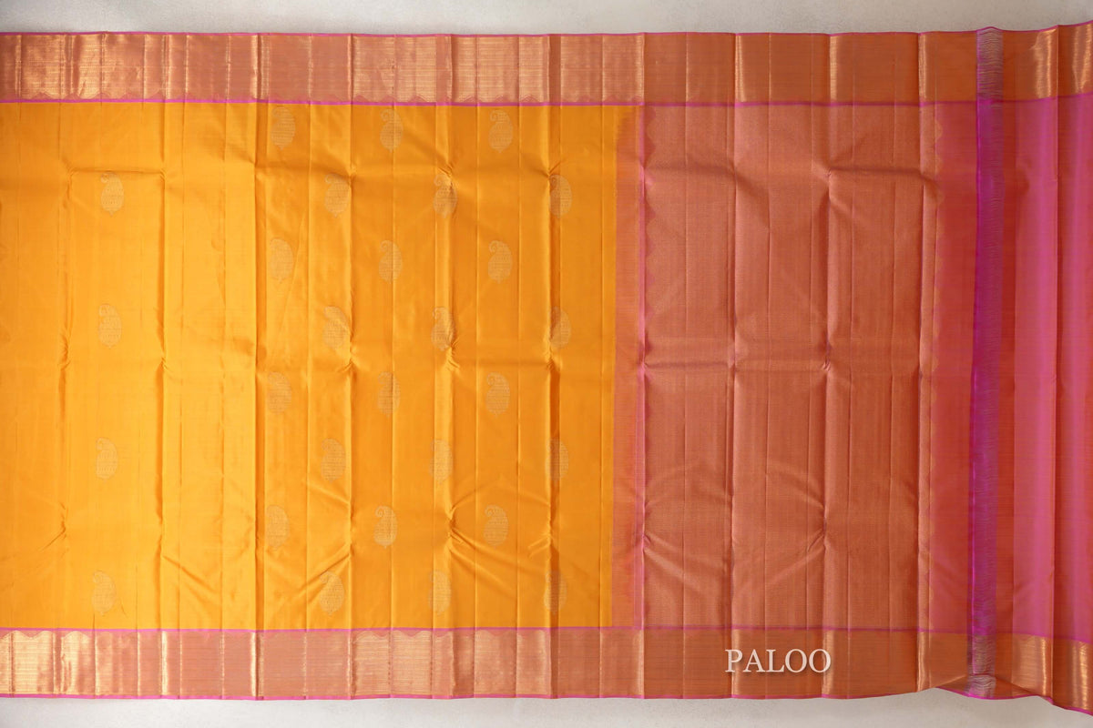 Mango Yellow with Dual Tone of Pink and Yellow Borders Vintage Kanjivaram Silk Saree by Shreenivas Silks PSSR0110187