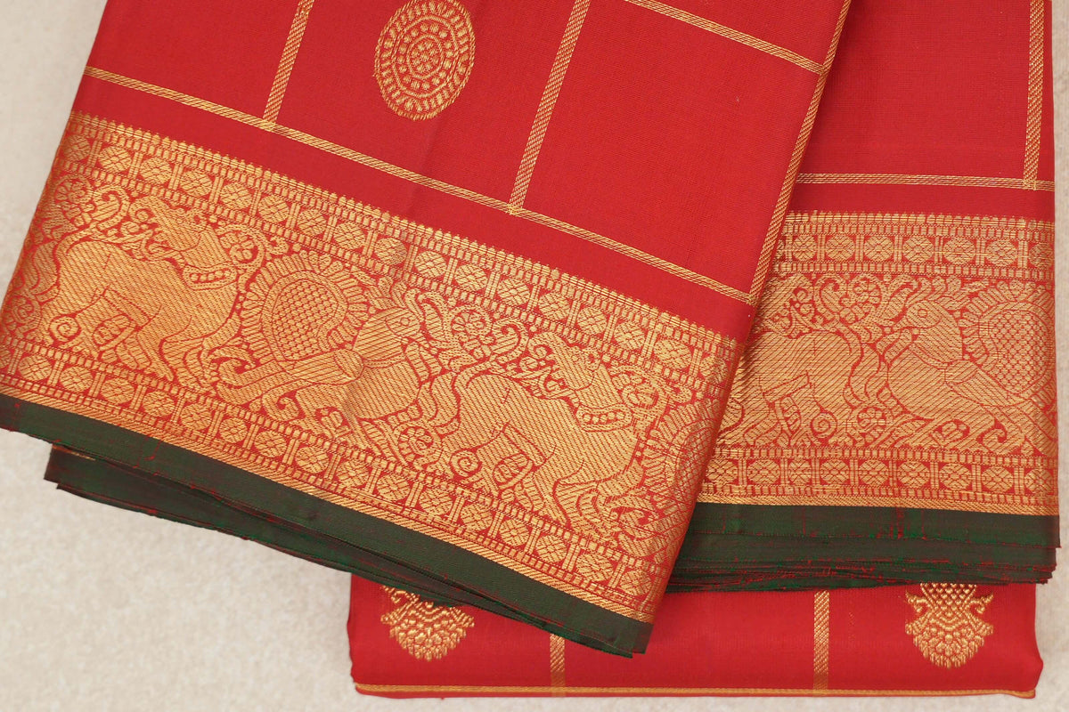 Chilli Red with Bottle Green Selvedge Vintage Kanjivaram Silk Saree border